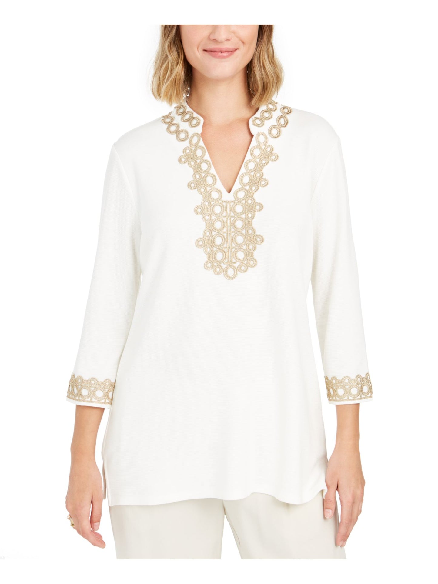 Charter Club Women's 3/4 Sleeve Textured Tunic White Size Petite S