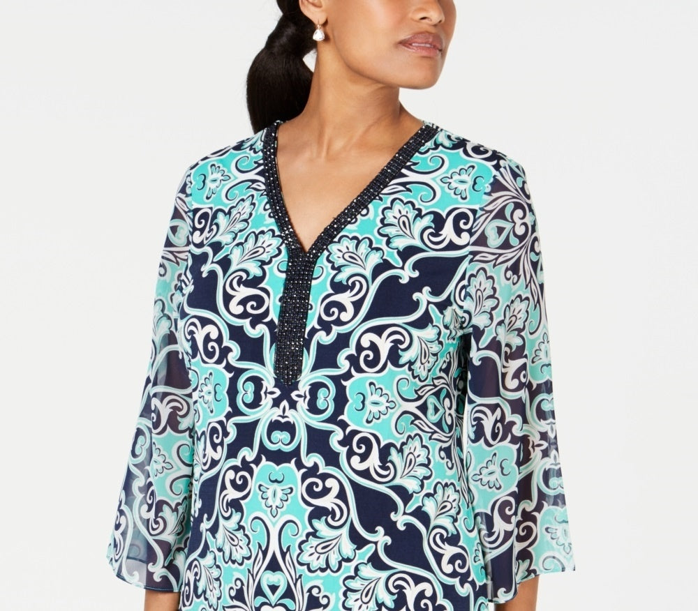 JM Collection Women's Printed Embellished Top Navy Size Petite Small