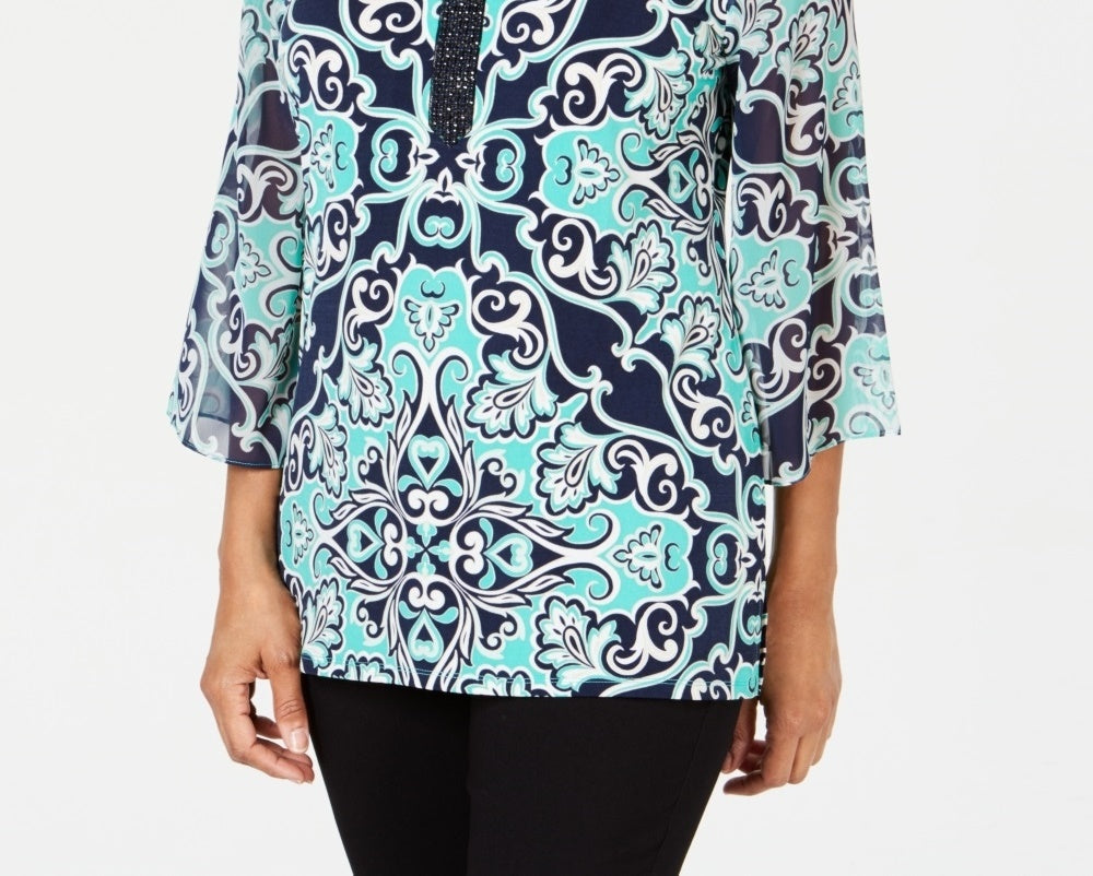 JM Collection Women's Printed Embellished Top Navy Size Petite Small