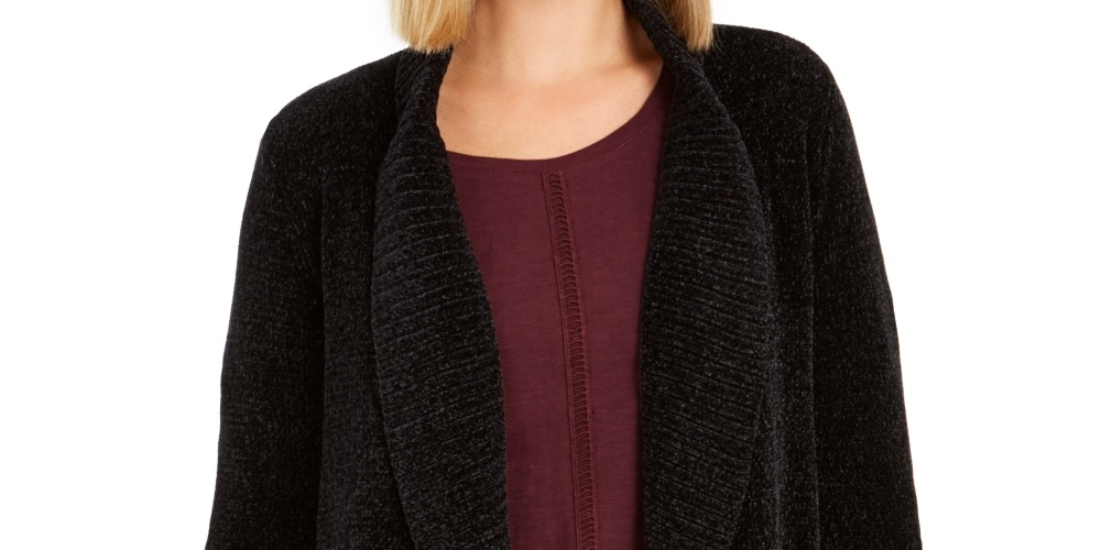 Style & Co Women's Chenille Shawl Collar Cardigan  Black Size Petite Large