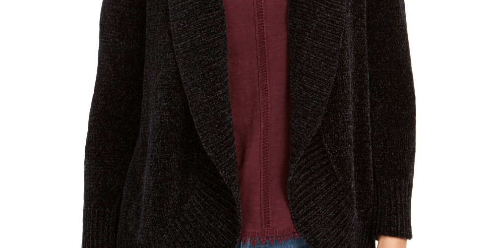 Style & Co Women's Chenille Shawl Collar Cardigan  Black Size Petite Large