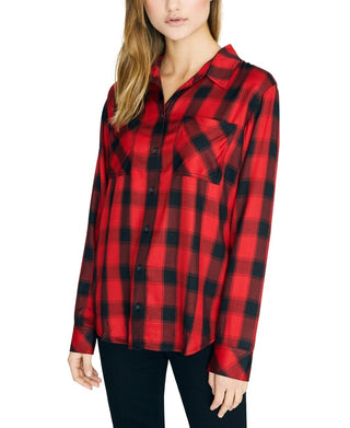 Sanctuary Women's Plaid Long Sleeve Collared Button Up Top Red Size Large