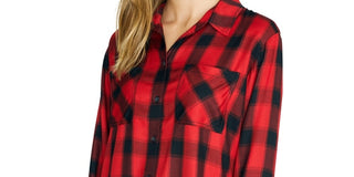 Sanctuary Women's Plaid Long Sleeve Collared Button Up Top Red Size Large
