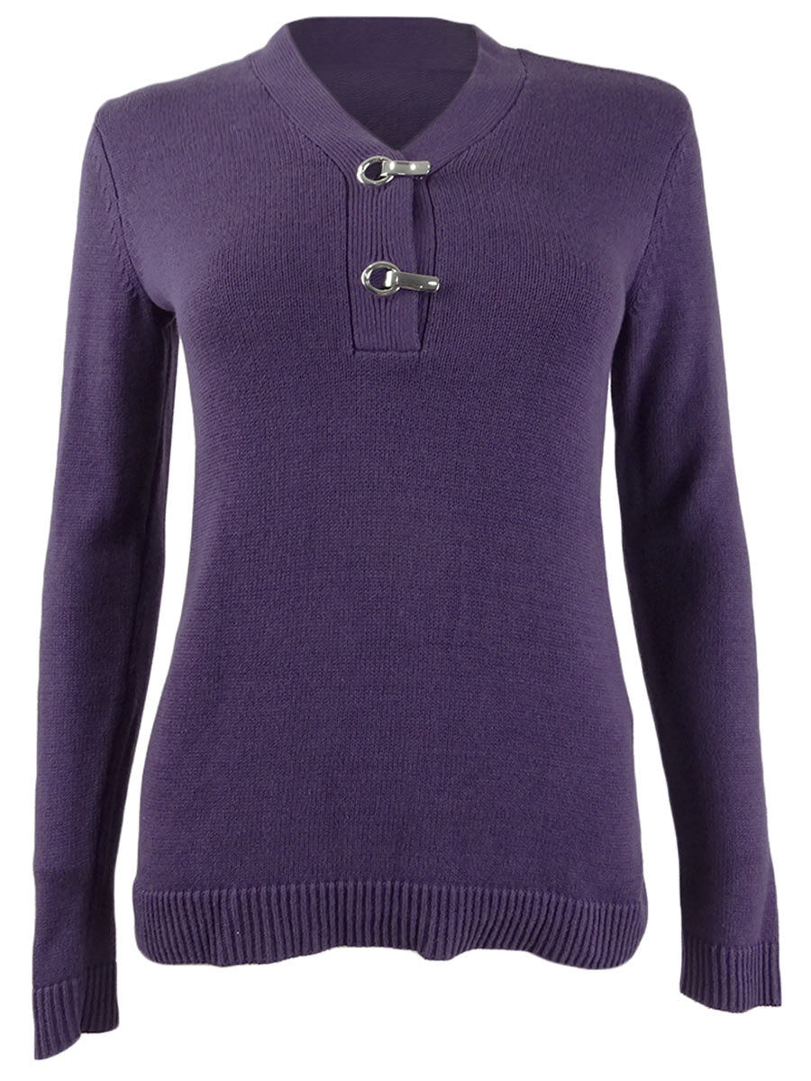 Karen Scott Women's Cotton Toggle Henley Sweater Purple Size Petite Small