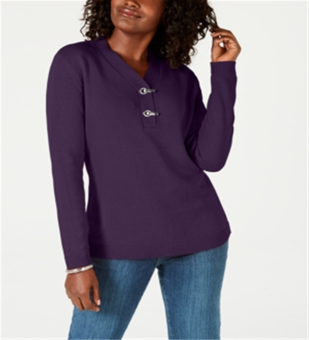 Karen Scott Women's Cotton Toggle Henley Sweater Purple Size Petite Small