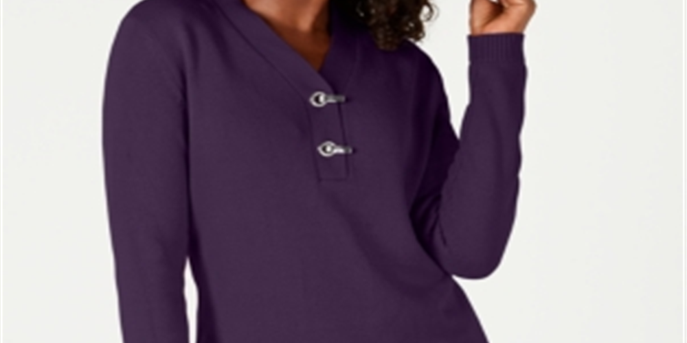 Karen Scott Women's Cotton Toggle Henley Sweater Purple Size Petite Small