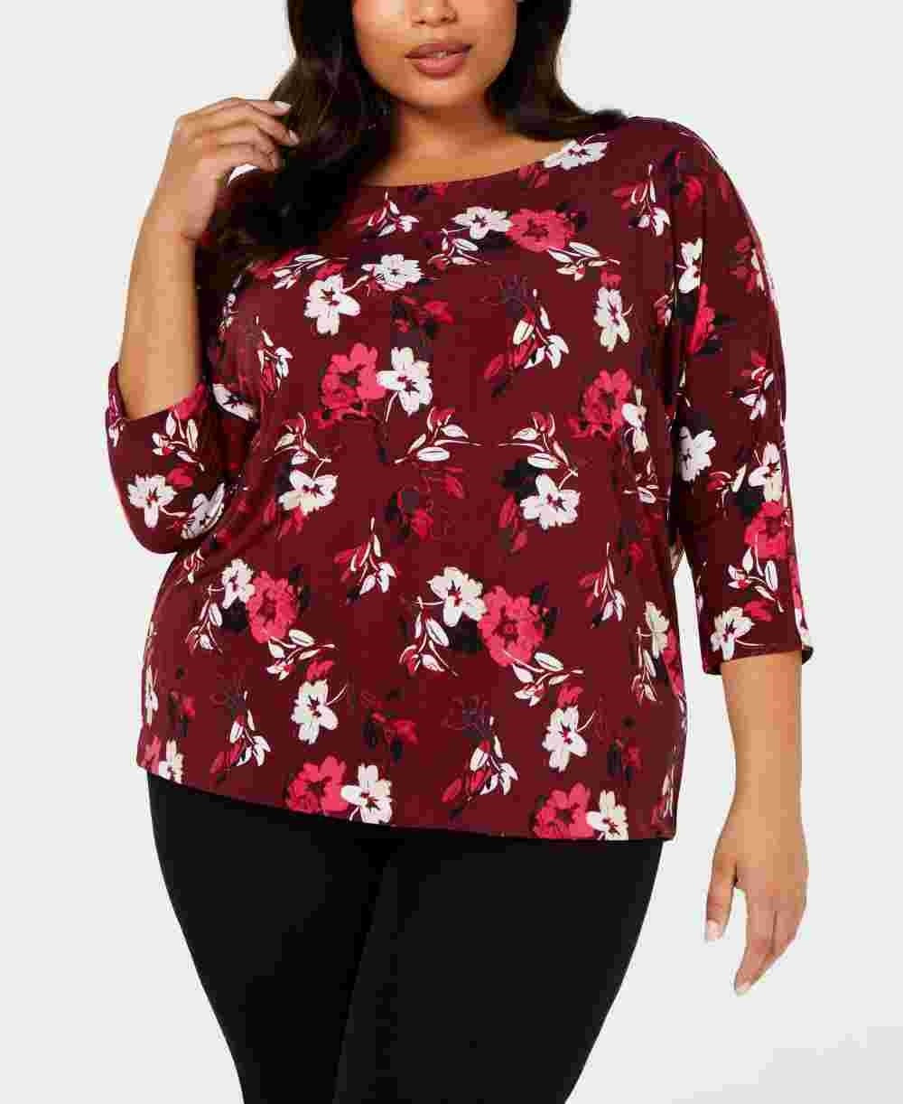 Alfani  Women's Printed 3/4 Sleeve Top Red Size 3X