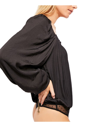 Free People Unisex Beaded Long Sleeve Square Neck Body Suit Top Black Size Small