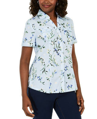 Karen Scott Women's Cotton Floral Print Shirt  Blue Size Medium