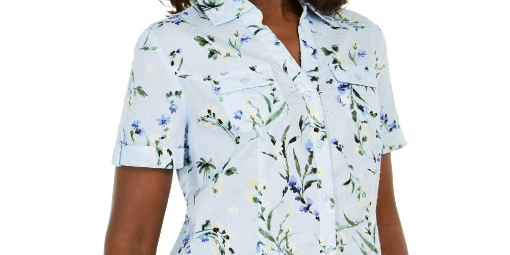 Karen Scott Women's Cotton Floral Print Shirt  Blue Size Medium
