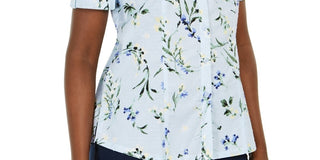 Karen Scott Women's Cotton Floral Print Shirt  Blue Size Medium