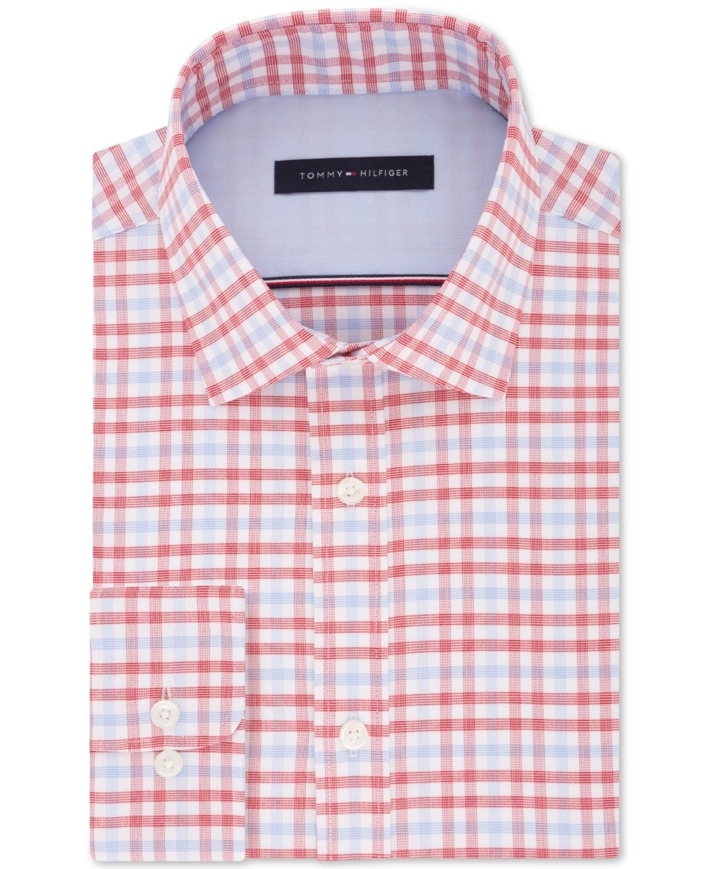 Tommy Hilfiger Men's Fitted Performance Stretch Blue Check Dress Shirt Red Size 15.5X32X33