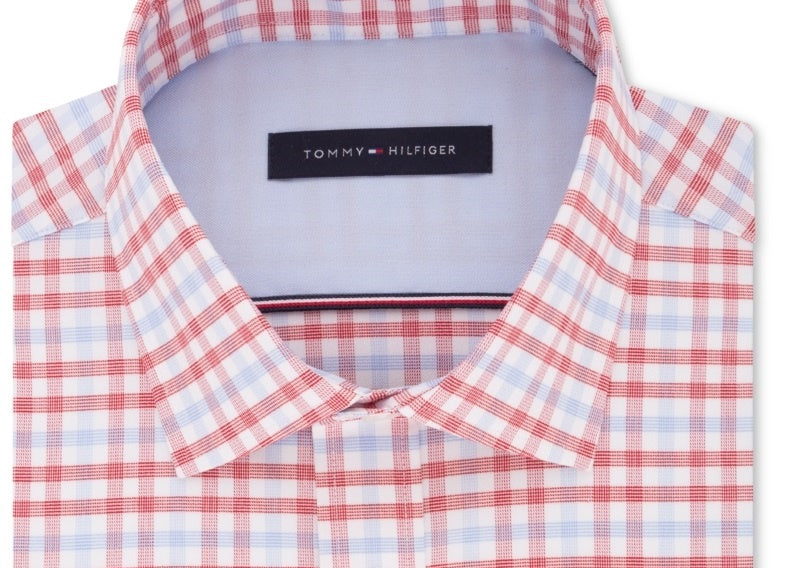 Tommy Hilfiger Men's Fitted Performance Stretch Blue Check Dress Shirt Red Size 15.5X32X33
