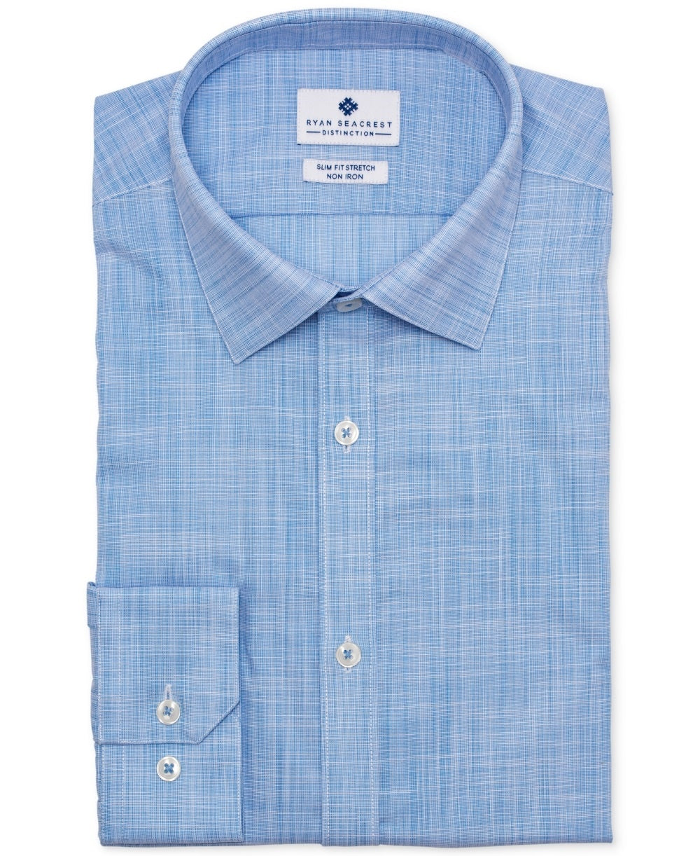 Ryan Seacrest Distinction Men's Ultimate Slim Fit Non Iron Performance Stretch Dress Shirt Blue Size 17X36-37
