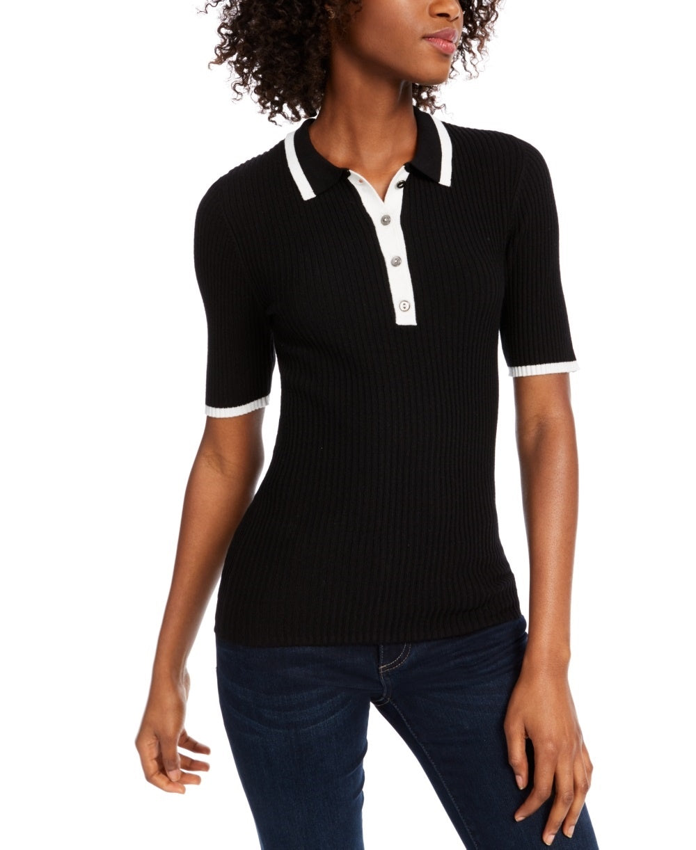 Maison Jules Women's Ribbed Contrast Polo Shirt  Black Size Small