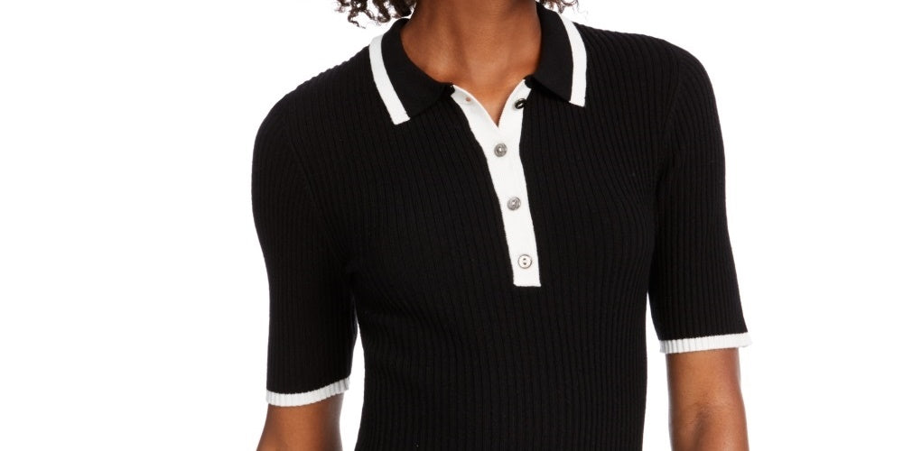 Maison Jules Women's Ribbed Contrast Polo Shirt  Black Size Small