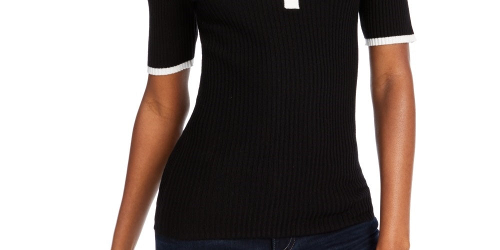 Maison Jules Women's Ribbed Contrast Polo Shirt  Black Size Small