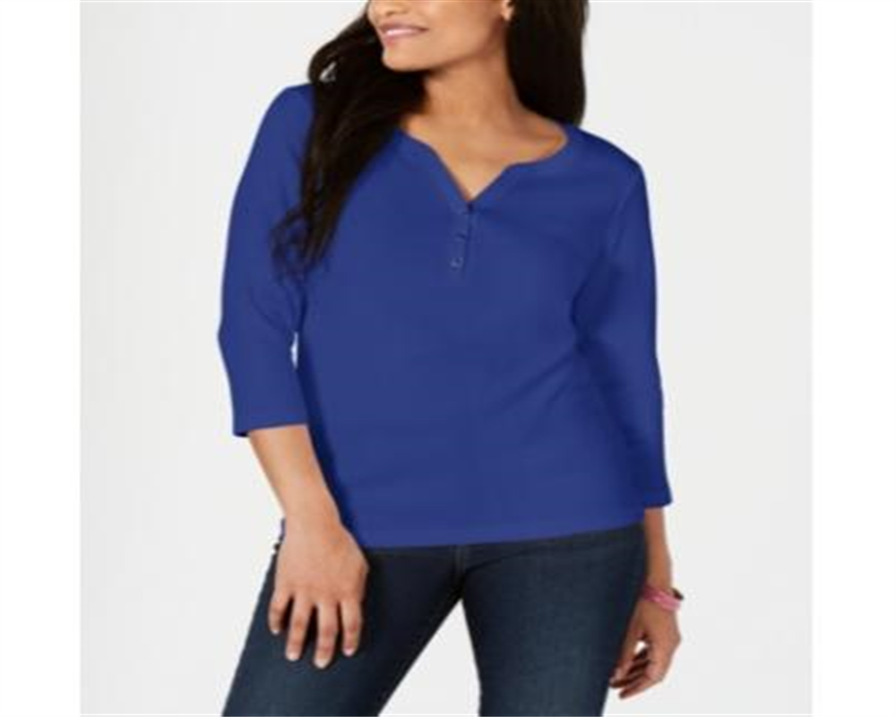 Karen Scott Women's Cotton Henley Shirt Blue Size Petite L