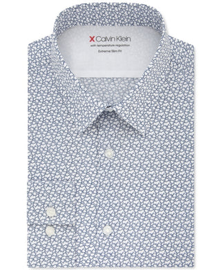 Calvin Klein Men's Extra Slim Fit Temperature Regulating Stretch Print Dress Shirt Blue Size 12X32X33