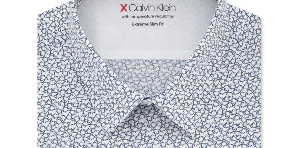 Calvin Klein Men's Extra Slim Fit Temperature Regulating Stretch Print Dress Shirt Blue Size 12X32X33