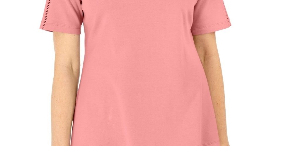 Karen Scott Women's Cotton Crochet Front Top Pink Size Small