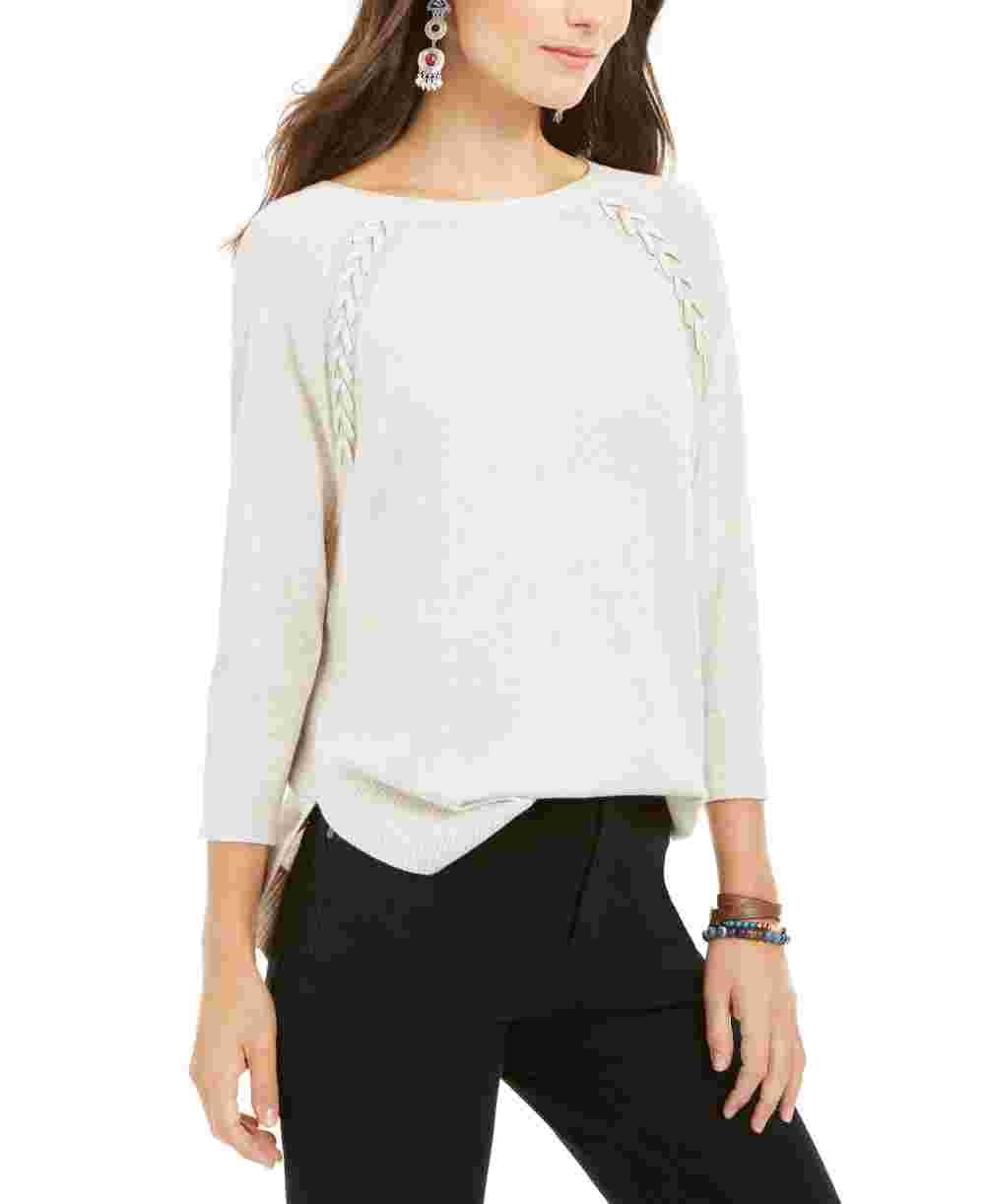 Style & Co Women's Lace Up Chevron Trim Sweater Beige Size X-Large