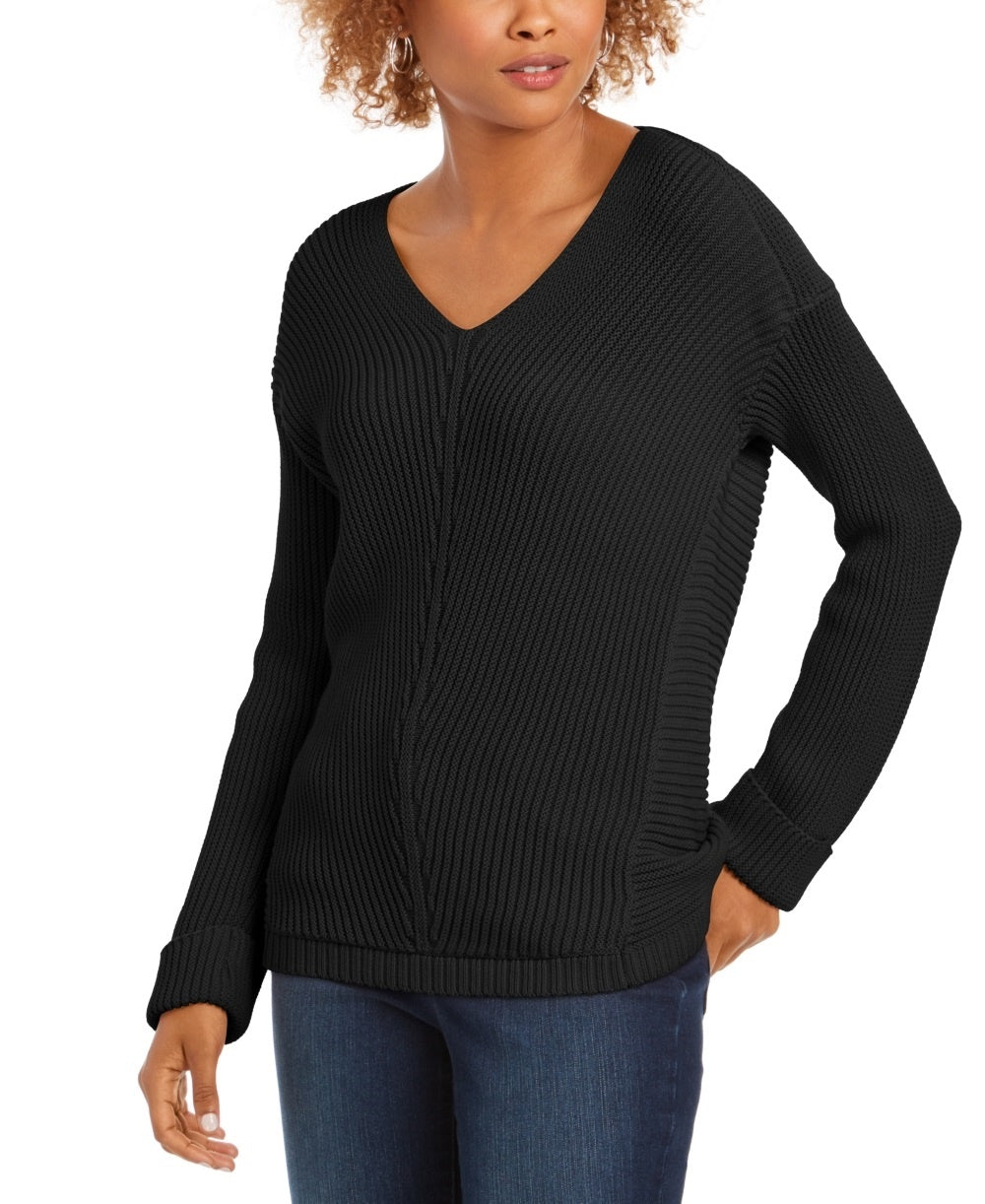 Charter Club Women's Textured Solid Long Sleeve V Neck T-Shirt Sweater Black Size X-Large