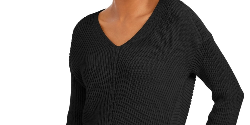 Charter Club Women's Textured Solid Long Sleeve V Neck T-Shirt Sweater Black Size X-Large