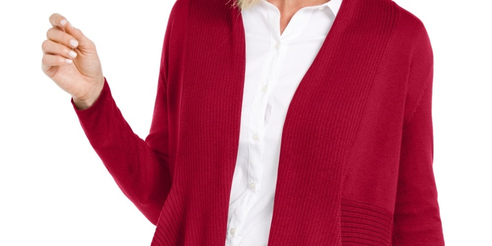 JM Collection Women's Ribbed Handkerchief Hem Cardigan Red Size Small