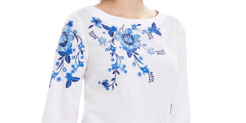 Charter Club Women's Embroidered Split Sleeve Top Blue Size X-Large
