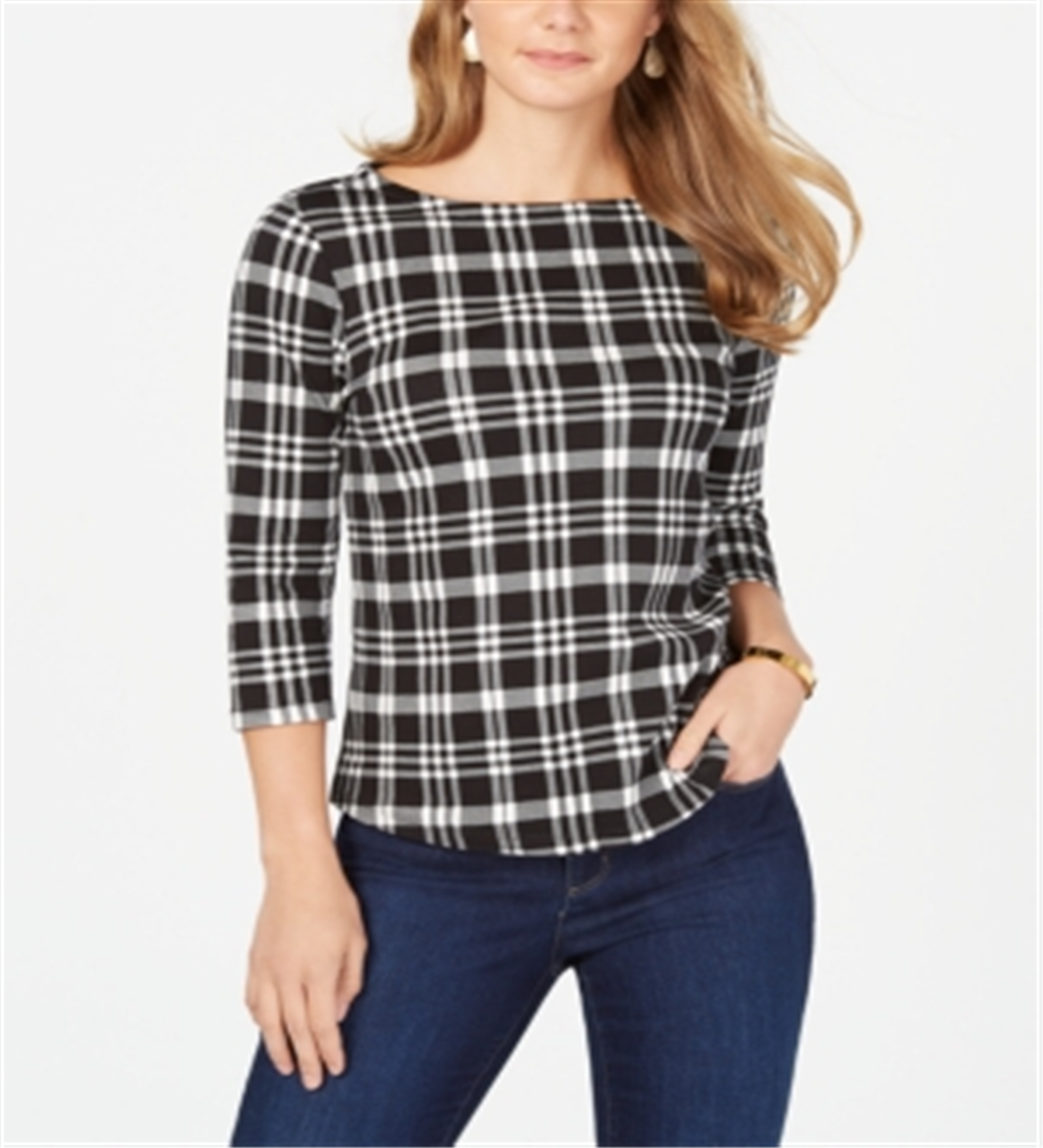 Charter Club Women's Pima Cotton Button Shoulder Print Top Black-White Size Petite XL