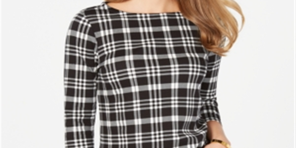 Charter Club Women's Pima Cotton Button Shoulder Print Top Black-White Size Petite XL