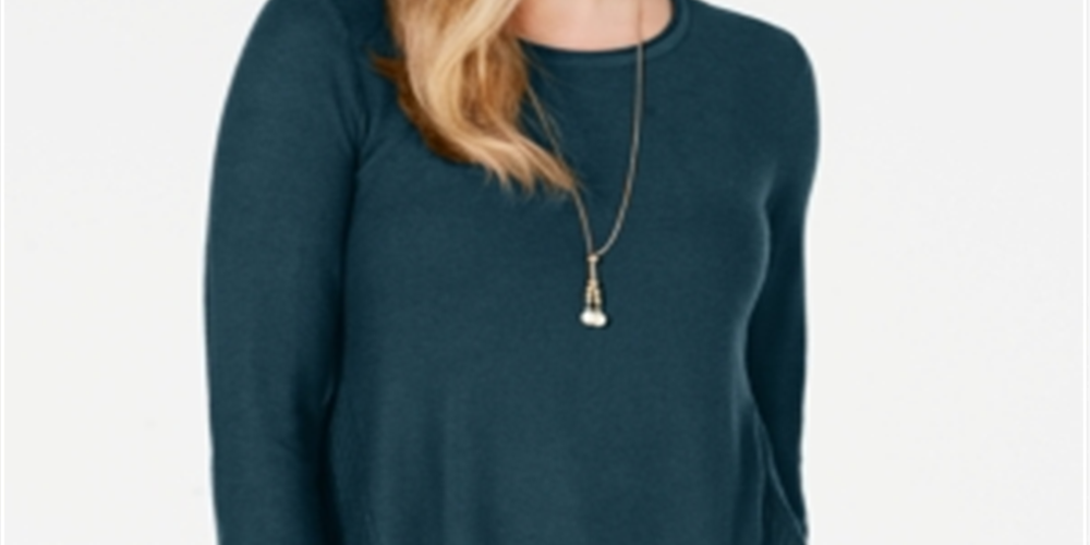 Style & Co Womne's Pleated High Low Sweater Green Size Petite Small