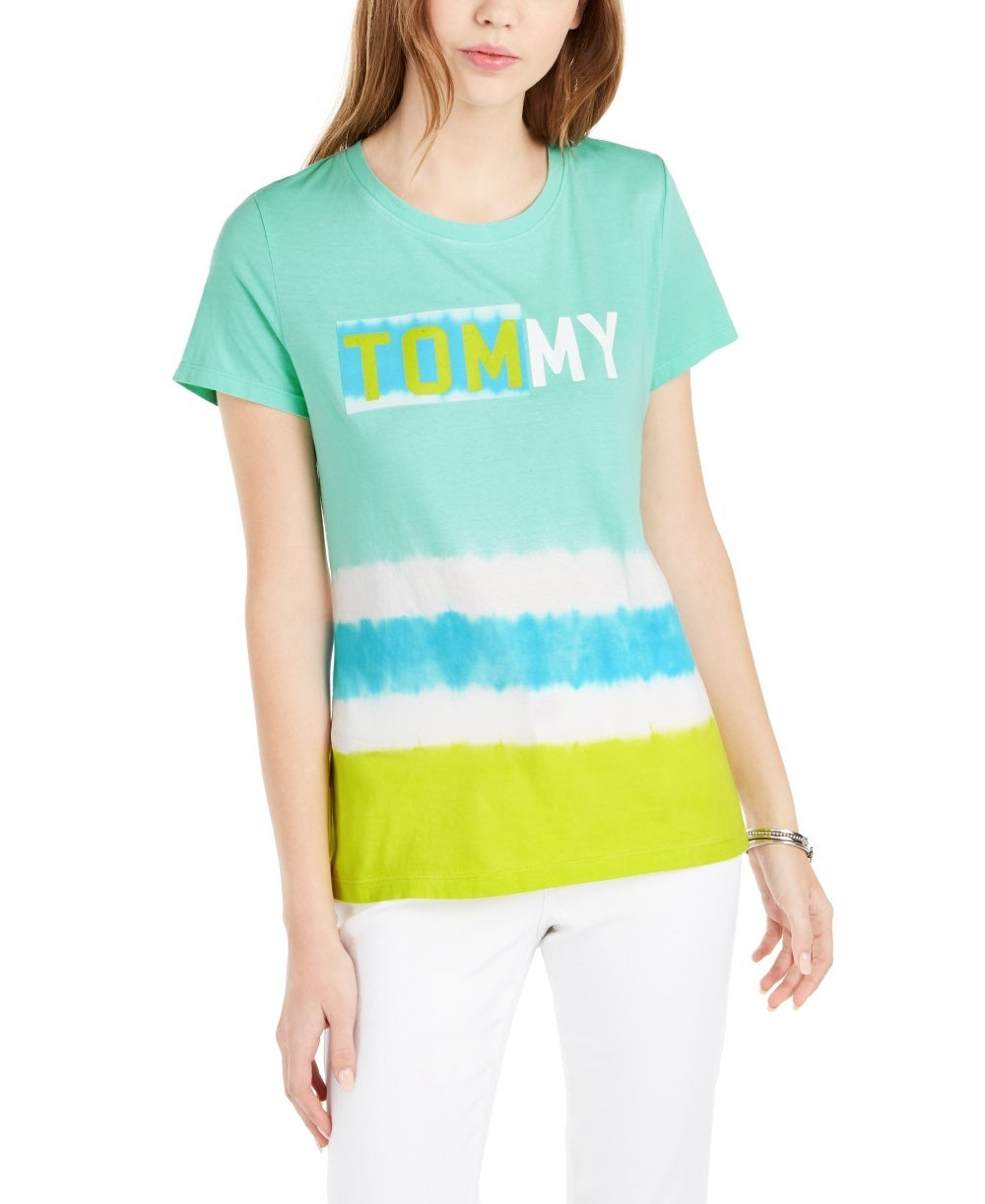 Tommy Hilfiger Women's Cotton Ombre Stripe Logo T-Shirt Green Size Small