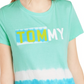 Tommy Hilfiger Women's Cotton Ombre Stripe Logo T-Shirt Green Size Small
