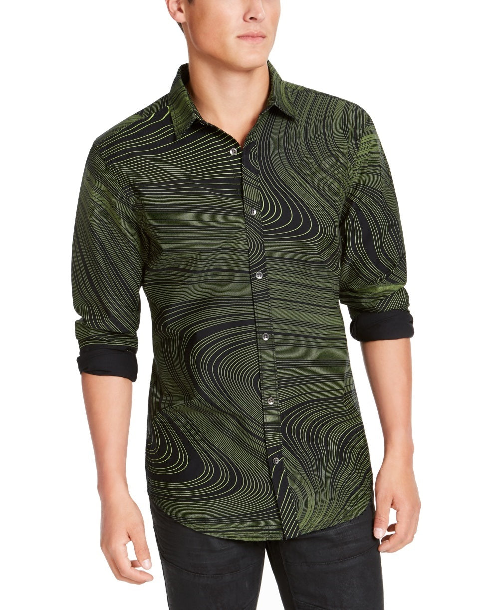 INC International Concepts Men's Striped Collared Classic Fit Dress Shirt Black Size Medium