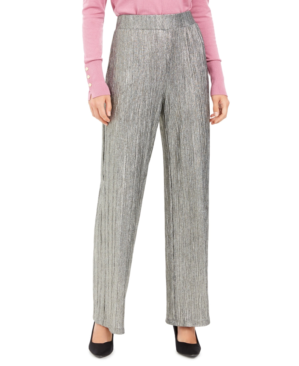 JM Collection Women's Metallic Crinkle Pants Silver Metallic  Size X-Large