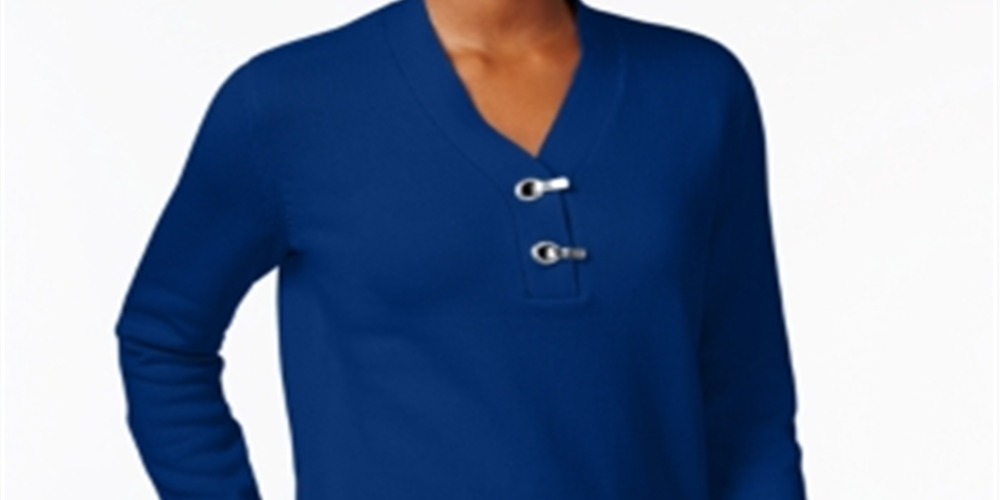 Karen Scott Women's Cotton Toggle Henley Sweater Blue Size Petite L