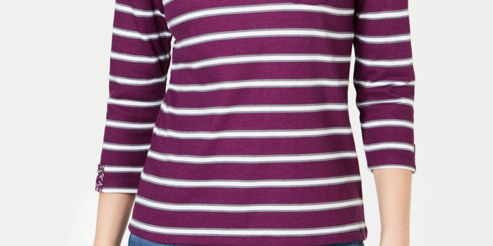 Karen Scott Women's Floral Yoke Striped Top Red Size Small