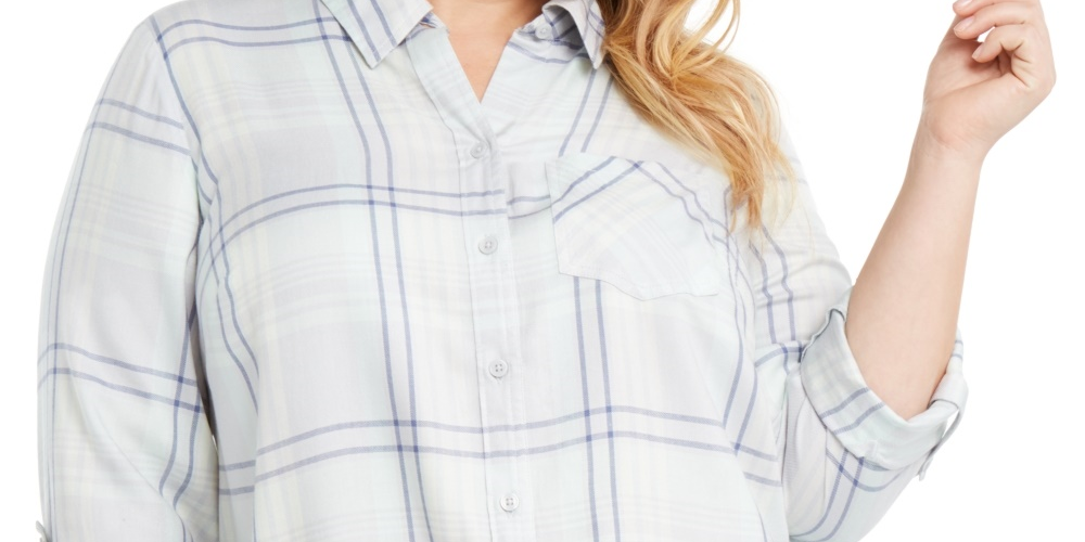 Style & Co Women's Plaid Button Down Blouse Green Size 3X