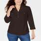Karen Scott Women's Cotton Johnny Collar Utility Shirt Chocolate Size Small