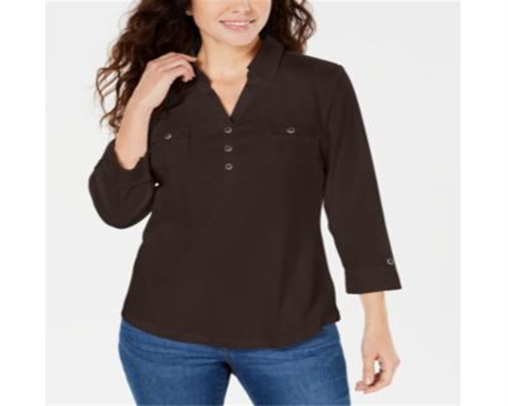 Karen Scott Women's Cotton Johnny Collar Utility Shirt Chocolate Size Small
