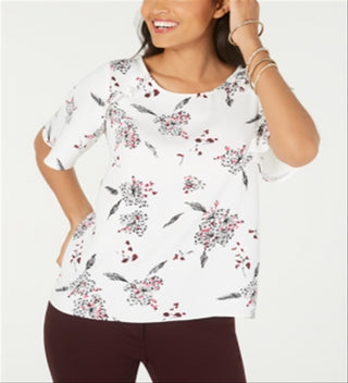 Alfani Women's Printed Ruffle Trim Top White Size Petite L