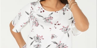 Alfani Women's Printed Ruffle Trim Top White Size Petite L