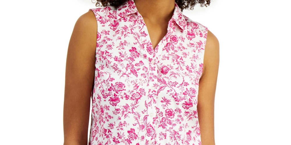 Charter Club Women's Toile Print Sleeveless Shirt Preppy Combo Pink Size 14