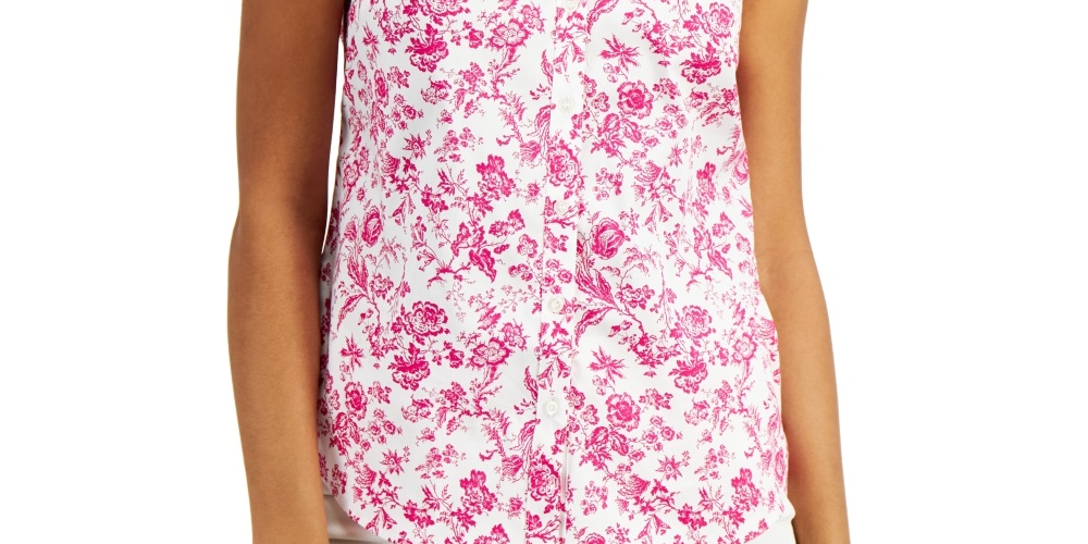 Charter Club Women's Toile Print Sleeveless Shirt Preppy Combo Pink Size 14