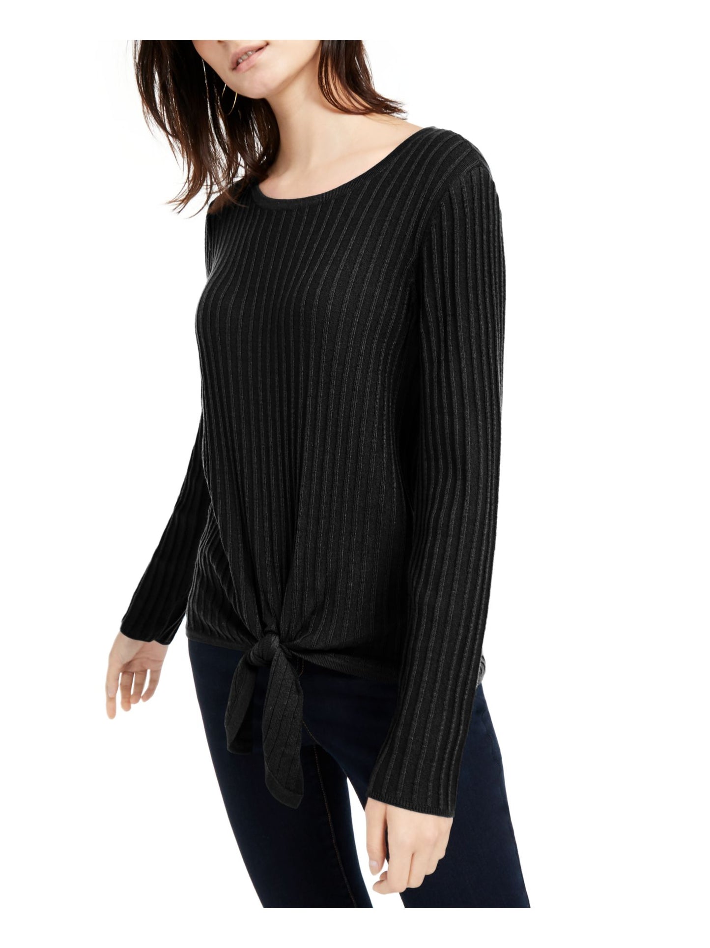 INC International Concepts Women's Ribbed Knit Tie Hem Sweater Black Size Petite Large