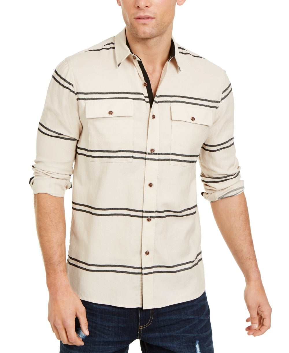 Sun + Stone Men's Ivan Stripe Shirt Beige Size XX-Large