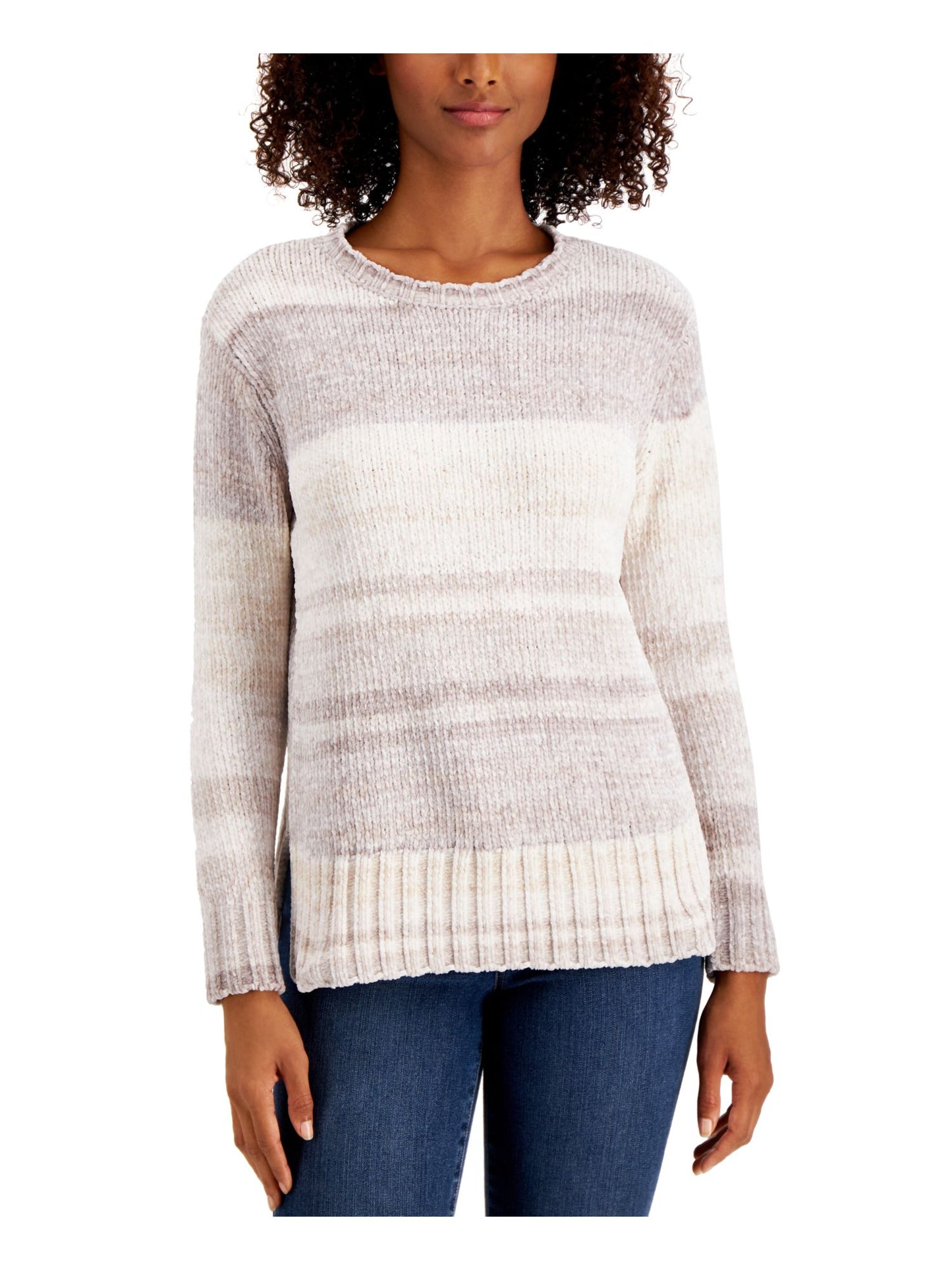 Style & Co Women's Ombre Long Sleeve Crew Neck Blouse White Size Petite