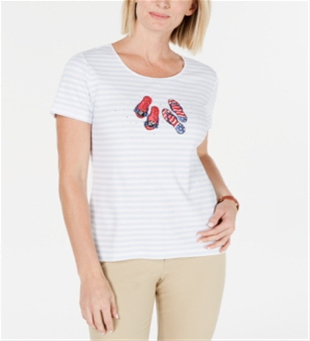 Karen Scott Women's Striped Graphic T-Shirt Blue Size Petite Large